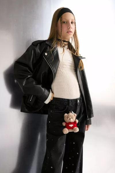 Girl's Water-Repellent Jacket with Collar and Zipper Synthetic Leather Coat AU