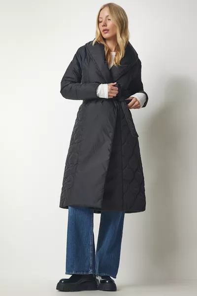 Manteau matelassé à col châle pour femme, ceinture noire 