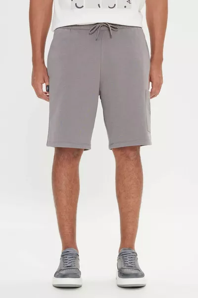 Herren Graue Standardfit Normaler Schnitt Baumwollstrick-Shorts mit Tasche
