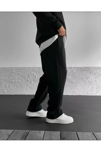 بنطال رياضي واسع أسود بقصة أرجل فضفاض للشتاء