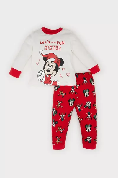 Girls' Baby Disney Mickey & Minnie Christmas-Themed Pajama Set Long-Sleeve Top with Elastic Waist Bottom 
