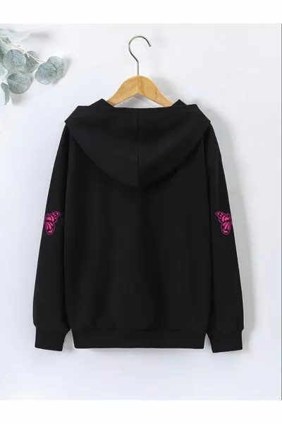 Розовая детская хлопковая кофта на молнии с бабочкой - зимняя толстовка с капюшоном для девочек и мальчиков с черным принтом