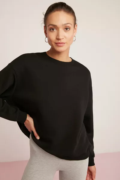 Sweatshirt femme Sahara en coton, intérieur polaire, ultra doux, oversize, col rond, noir basique