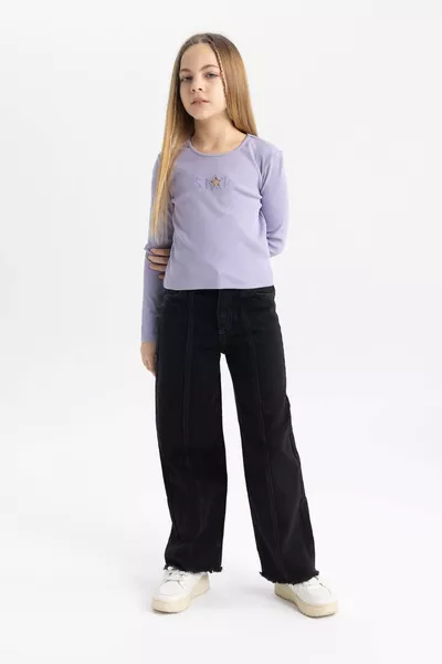 تي شيرت طويل الأكمام للبنات بياقة على شكل دراجة، مطبوع، قصير، قماش ريبي SP