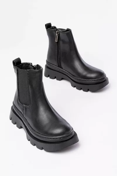 حذاء بناتي أسود بكعب عالٍ مع رباط وسحاب ونعل غير قابل للانزلاق