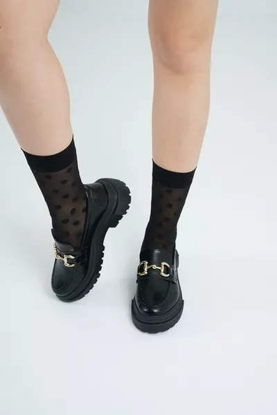 حذاء ماغوسين نسائي بسير توقيع GC وسطح سميك من الجلد الأسود بارتفاع كعب 4.5 سم 