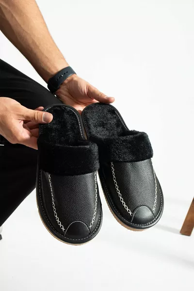 Men's House Slippers, Leather-Look, Black