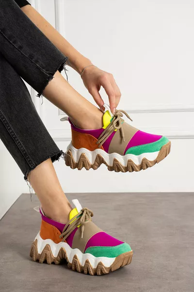 Kadın Bağcıklı Rahat Fuşya Süet Bağcıklı Sneakers Spor Ayakkabı