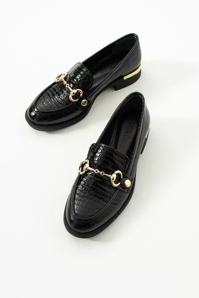 حذاء لوفر نسائي بنقشة تمساح سوداء - مريح وأنيق يومي، حذاء بسحاب ذهبي قابل للتغيير