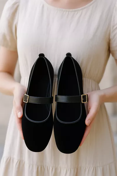 Kadın Babet Ayakkabı Kadife Altın Tokalı Şık Hafif Ortopedik Ses Yapmaz Taban