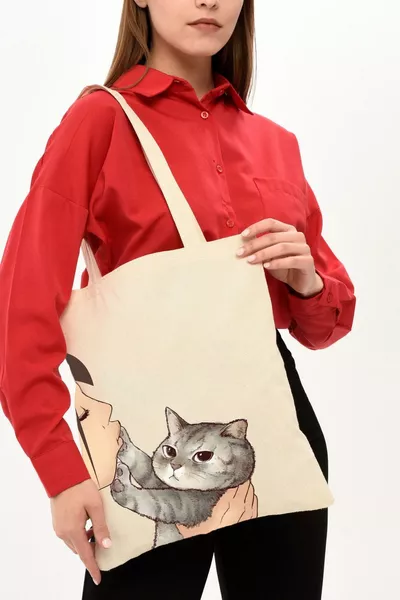 Kat Kus Meisje Bedrukt Linnen Tas (EENZIJDIG)