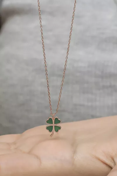 Silver Setting Dark Green Enamel Clover Necklace