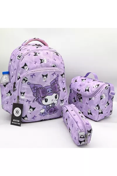 3-Piece Set Elementary School Backpack Character Pattern Set for Girls Lilac First School Backpack