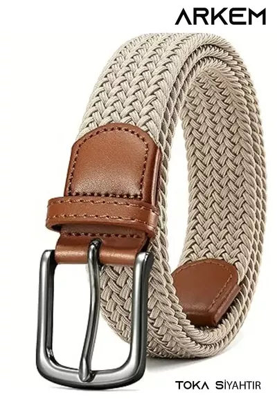 حزام مطاطي محاك، حزام بيج، حزام رجالي رياضي، للجينز والشورت، عرض 3.5 سم