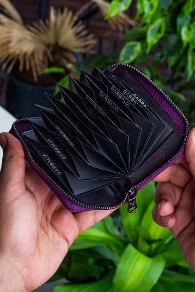 Clovis Echt Leren Rits Gesloten Accordéon Donkerpaars Kaarthouder