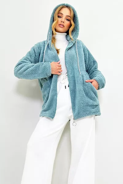 Mint Mint Hooded Double Pocket Oversized Plush Sweatshirt met rits aan de voorkant  voor dames