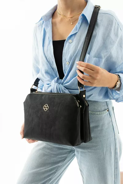 حقيبة عالية الجودة من الجلد النباتي الأسود النوبوك بثلاثة أقسام، بحمالة كتف قابلة للتعديل