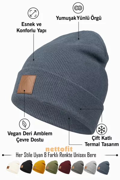 قبعة صوفية شتوية جلدية بتفاصيل شعار باللون النيلي للجنسين