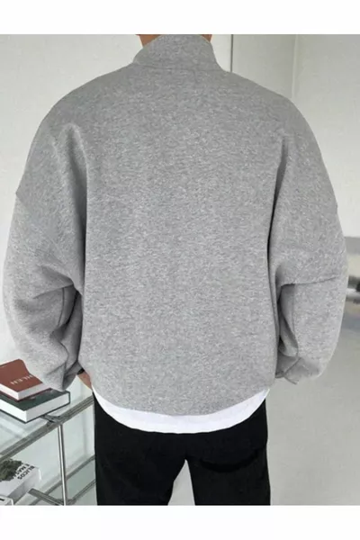 رمادي الوقوف طوق نصف سستة مستقيم سترة قميص من النوع الثقيل