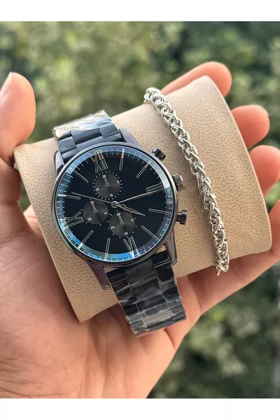 Montre Homme Sport Bracelet Acier Couleur Noir Noble avec Bracelet Offert