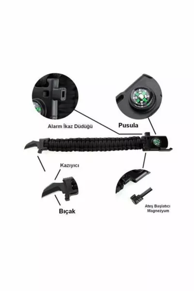 Bileklik Bıçak Pusula Ateş Başlatıcı Magnezyum Ve Ikaz Düdüğü( CM BİLEK ÇEVRESİNE UYGUNDUR)