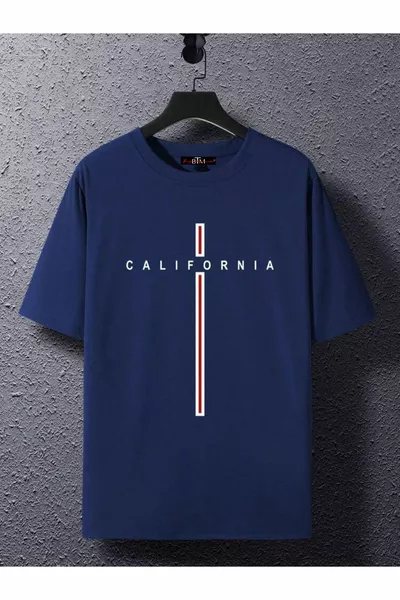 كاليفورنيا المطبوعة طاقم الرقبة الأزرق الداكن تي شيرت كبير الحجم