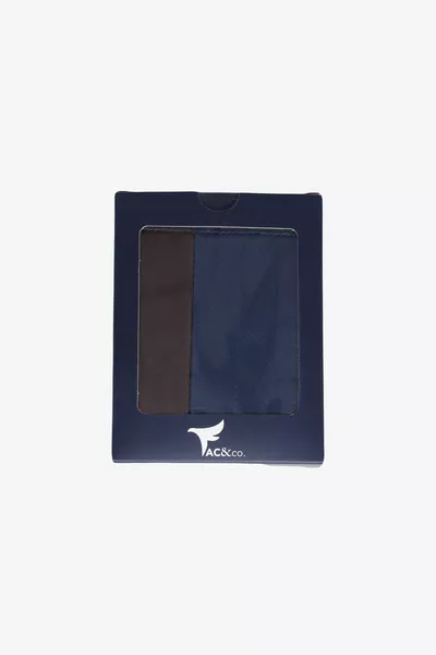 محفظة رجالية باللونين الأزرق الداكن والبني مع صندوق هدايا وأقسام للبطاقات