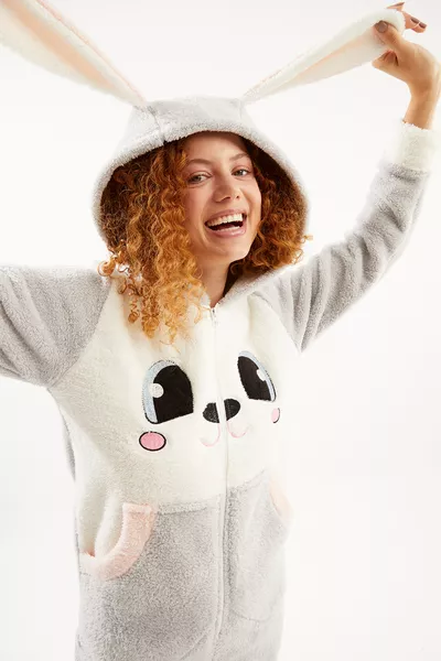 Ecrou Damen Grau Niedlicher Hase Welsoft Overall Pyjama Set