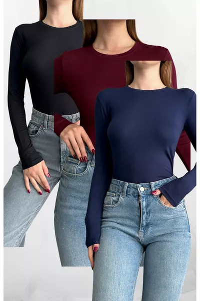 Черно-бордово-синее базовое боди с длинным рукавом и круглым вырезом, набор из 3 штук