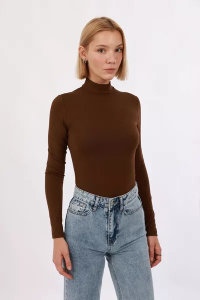 Женский боди с длинным рукавом и воротником-стойкой, набор из 3 штук – черный, белый, коричневый