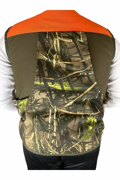 سترة الصيد - بسعة ذخيرة - بأكتاف برتقالية - قماش بنقشة شجر خضراء على لون زيتي