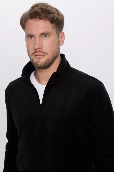 كنزة باردة بدون تساقط الوبر، بقصة مريحة مناسبة للجنسين، سوداء، بياقة طويلة من الصوف المزخرف