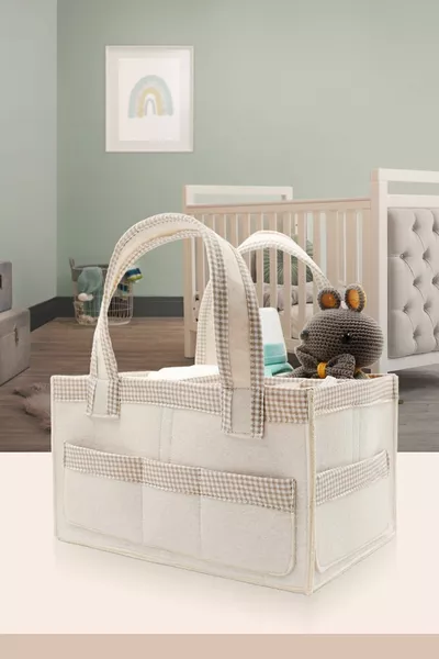 Vierkante Gestreepte Beige Vilten Mama- en Babyverzorgingstas Organizer