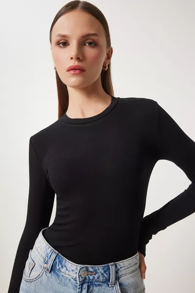 Пачет от 3 броя базова плетена блуза с велосипедна яка и отвор за пръсти в екрю, черно и бордо 