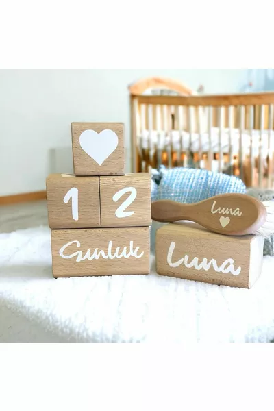 Personalized Natural Baby Comb and Wooden Memory Cube Set Baby Gift Care Photo Newborn