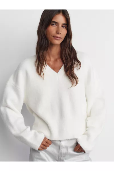  V-Neck Soft Textured Knit Sweater-Cream
