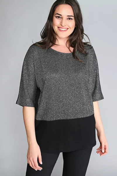 Women's Silver Short Sleeve Glitter Bottom Black Blouse 