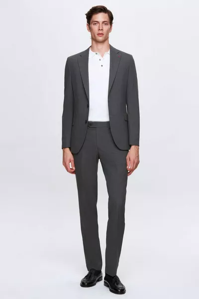 Ds Damat слим фит сив костюм с ликра, едноцветен, еластичен, с еднореден закопчаване и двойна цепка, с подплата