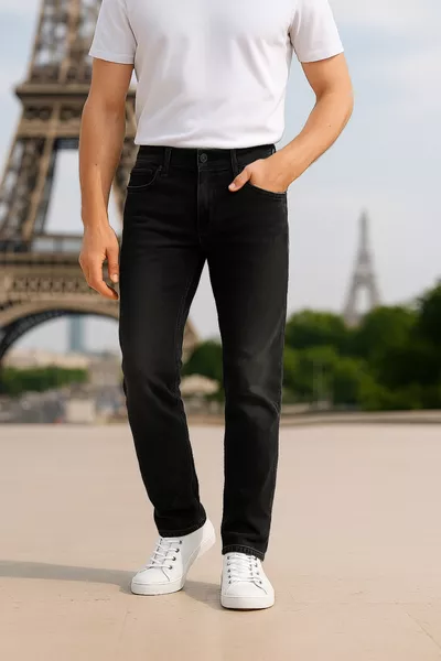 جينز ضيق بقصة عادية عند الخصر ومرن، بنطال جينز جو -أسود