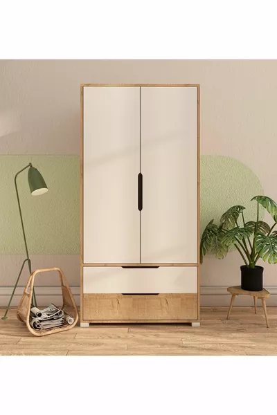 Flora 2-Door 2-Drawer Wardrobe Sapphire Oak - White Closet