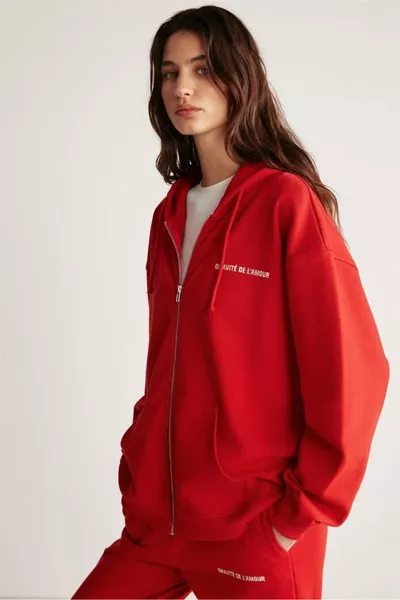 Sweatshirt rouge à capuche pour femme Ametıs en coton biologique oversize avec fermeture éclair métallique