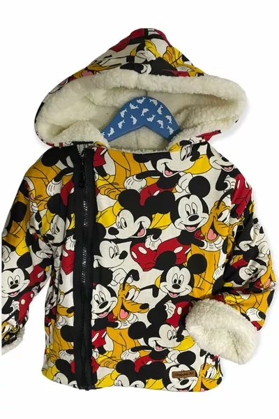 قماش ثلاثي الخيوط، مقاوم للبرد والرياح، مبطن بالكامل بالفرو الصناعي، بنقشة ميكي ماوس