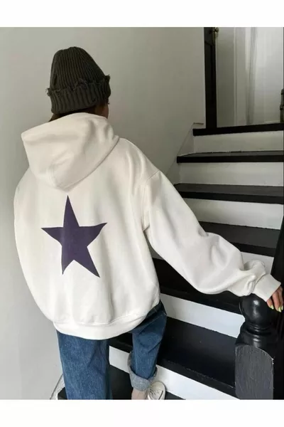 سويتشيرت بقبة بغطاء رأس نسائي من القطن مع طبعة نجمة على الظهر