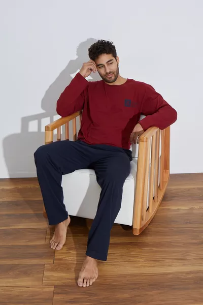 طقم بيجامة رجالي بأكمام طويلة من القطن الخفيف