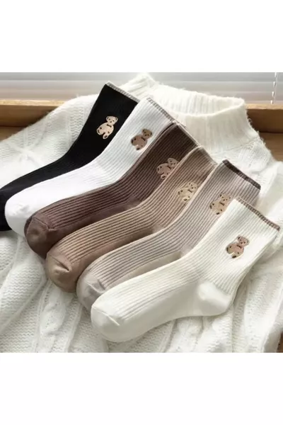 6 Pairs Economic Pack Teddy Bear Pattern Unisex College Tennis Socks Set