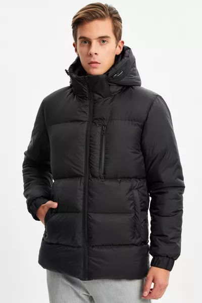 Men's Black Thick Lined Hooded Puffer Sports Winter Jacket