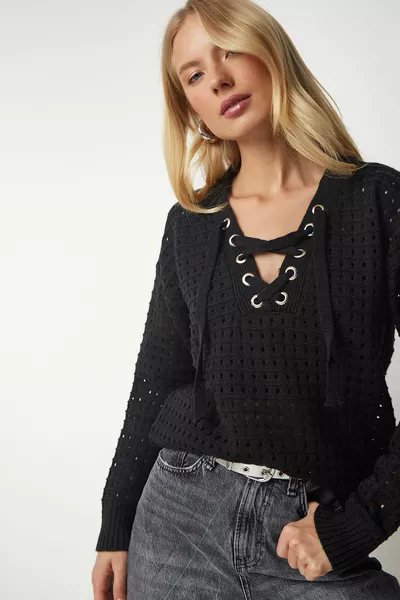 Women's Black Collar Lace-Up Openwork Knit Sweater 