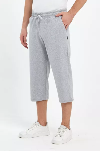 Men's Gray Bermuda Knee-Length Capri with Side Pockets and Adjustable Elastic Waist Long Shorts