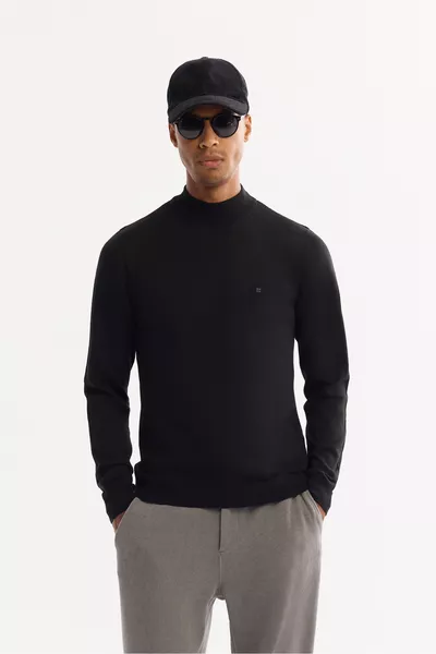 كنزة رجالية سوداء برقبة نصف سلندر مزيج صوف، قياس عادي 