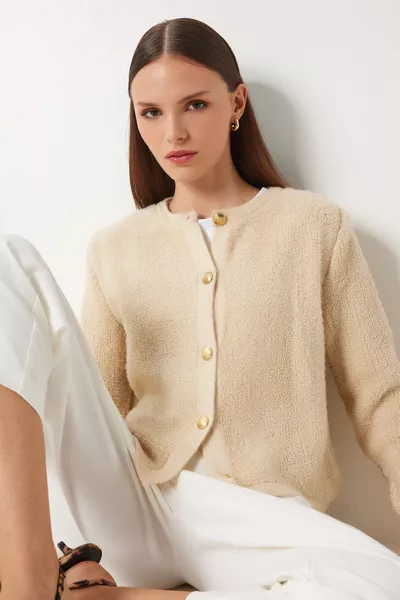 Women's Dark Cream Bouclé Knit Cardigan Jacket 